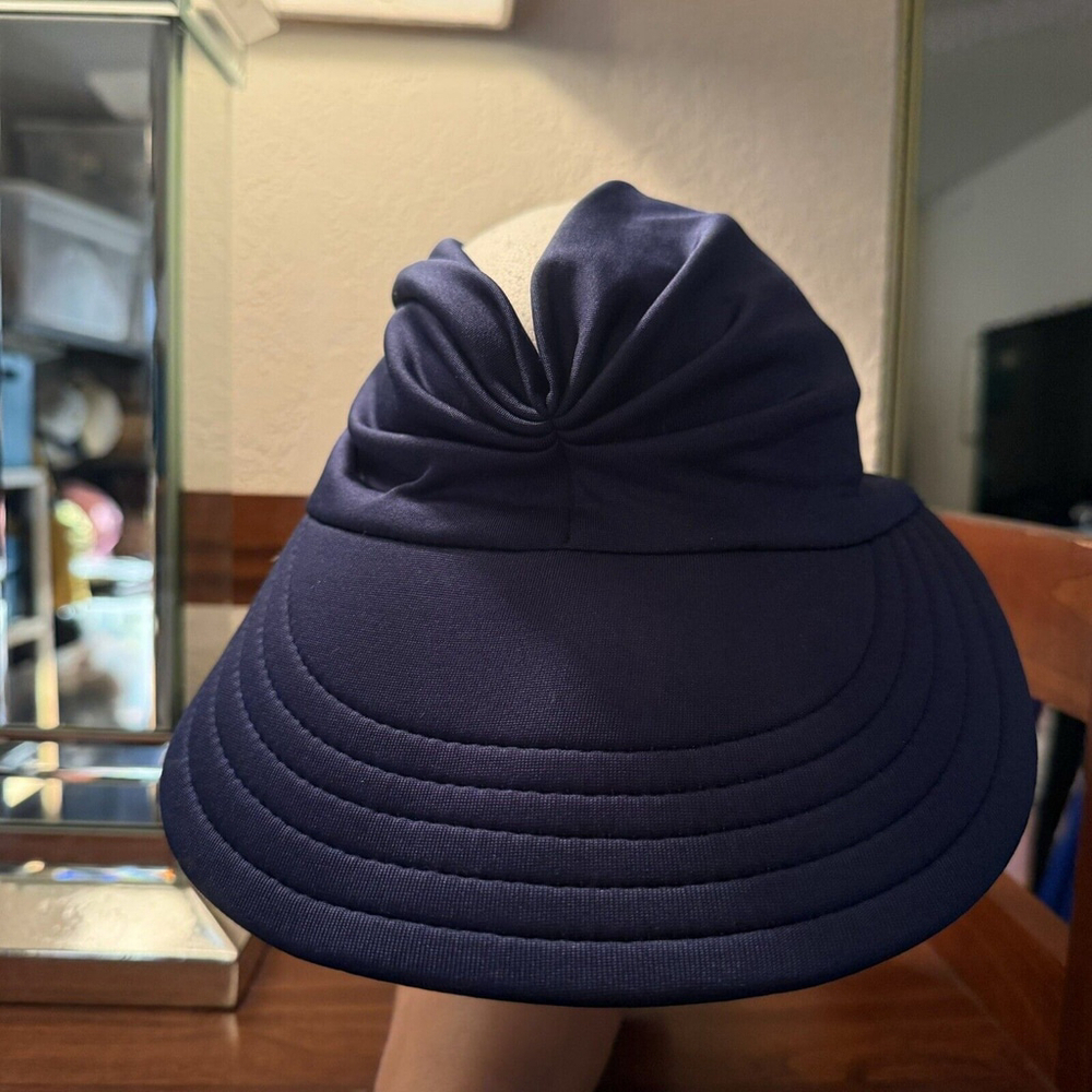 Women's Stretch Headband Baseball Cap Hat Ponytail Back Navy Blue - Picture 2 of 9